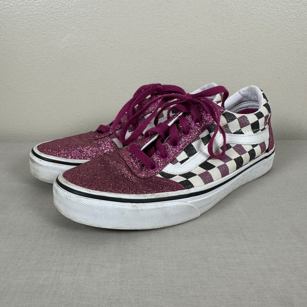 Vans Women's 9 Ward Sneakers Pink Glitter Checkerboard Low Top Skate Shoes